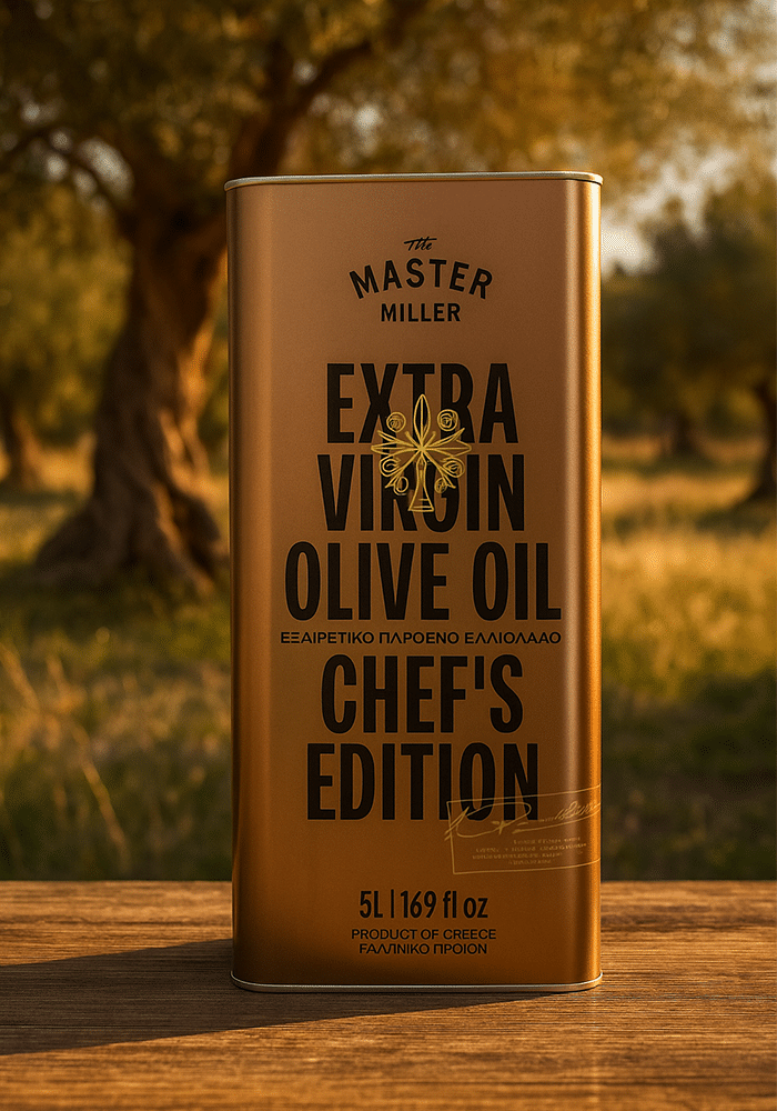 Griechisches Olivenöl im 5-Liter-Kanister der auf einem Holztisch steht und im Hintergrund sieht man Bäume
