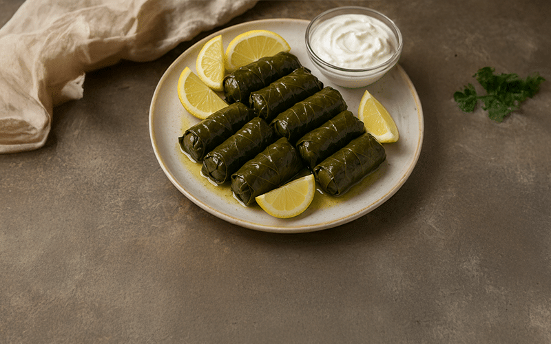 In der Mitte des Bildes sieht man das Gericht Dolmadakia. Auf dem Teller liegen noch Zitronen und Jogurt