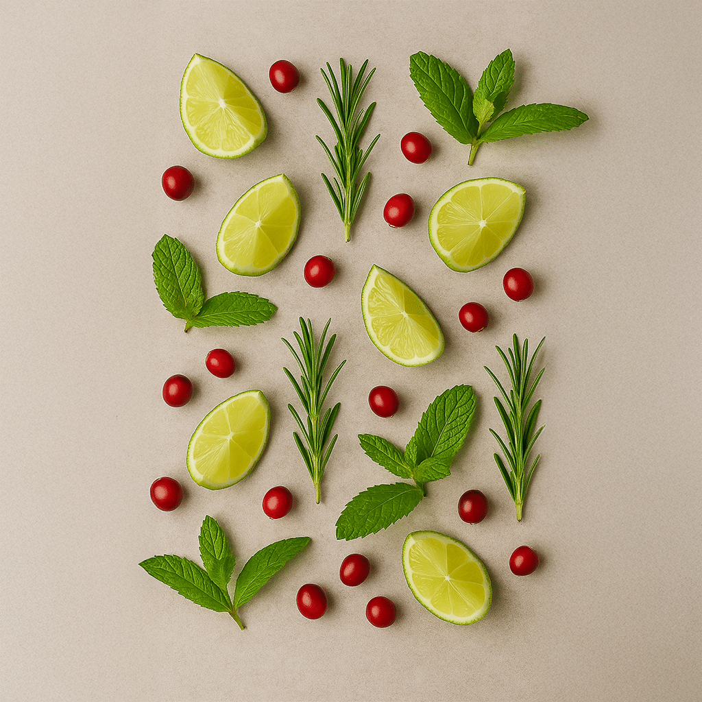 Auf dem Boden liegen Limetten und ein paar cranberry und Minzen sortiert