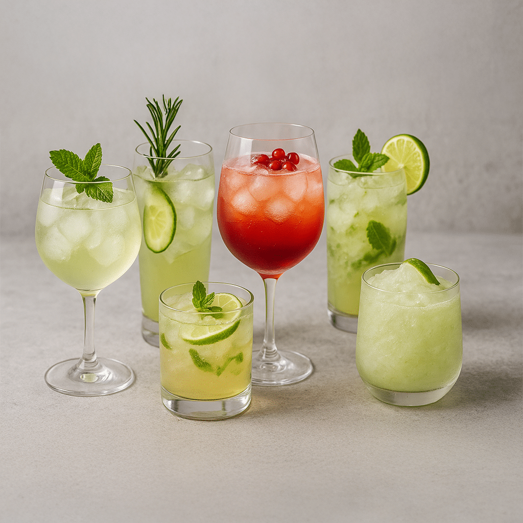 Im Vordergrund stehen sechs cocktail im glas fefüllt. Die äußeren drei auf der linken Seite sind grün und in der Mitte steht ein rotes Cocktail. Auf der rechten Seite stehen zwei grüne Cocktail