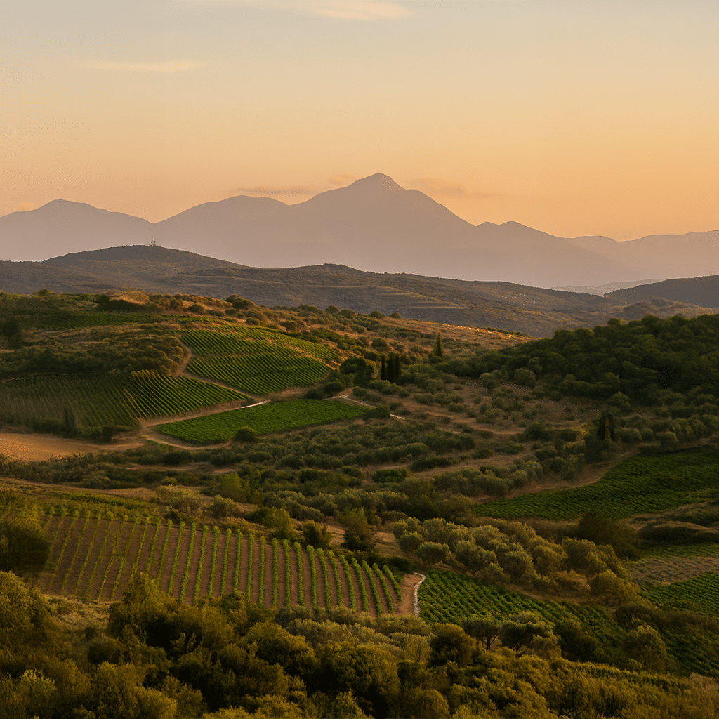 Mann sieht eine Landschaft und im Hintergrund ragt ein Berg hoch hinaus. Auf der Landschaft sieht man verschiedene Bäume versträut und Weinberge