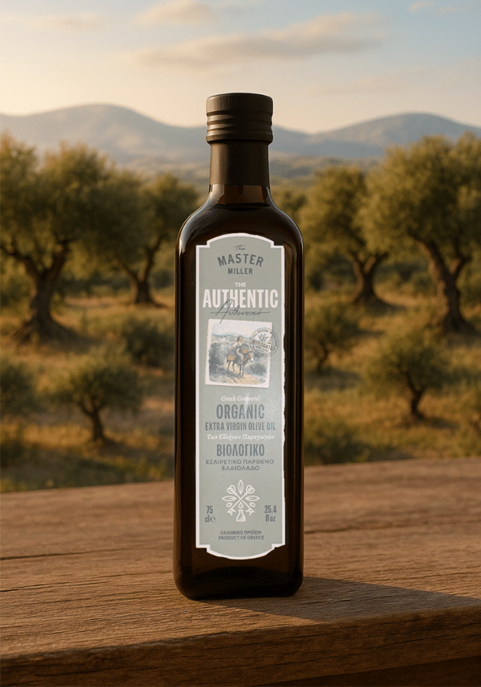 Im Vordergrund steht eine Olivenöl Flasche. Im Hintergrund sieht man Olivenbäume und Berge