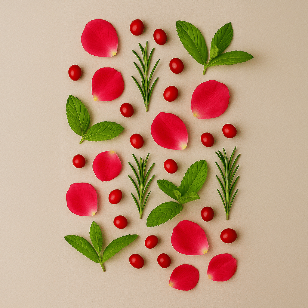 Auf dem Boden liegen Rosenblätter und ein paar cranberry und Minzen sortiert