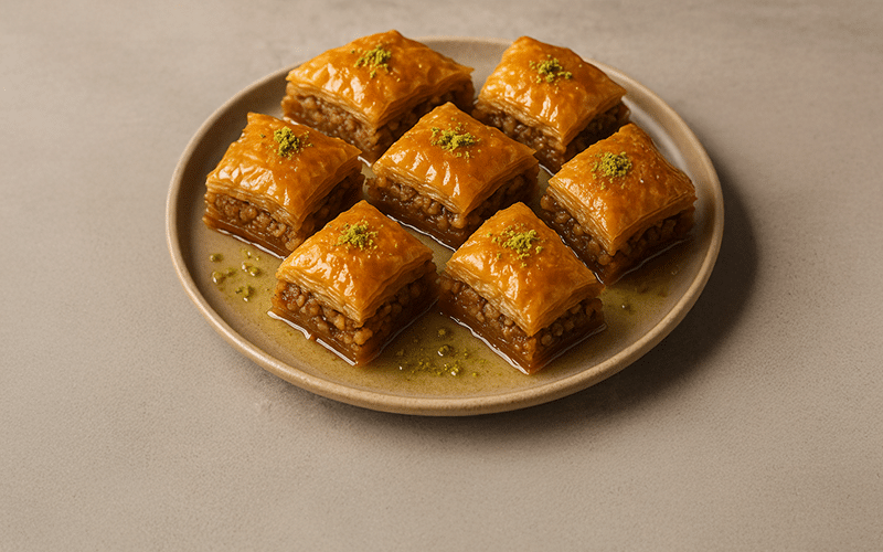 In der Mitte des Bildes sieht man das Dessert Namens Baklava.