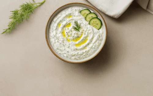 In der Mitte des Bildes sieht man den Dip Tzatziki. Auf der rechteen Seite liegt ein Lappen als Deko
