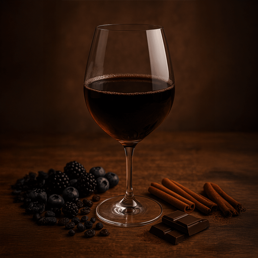 In der Mitte steht ein rotwein im Glas mit deko
