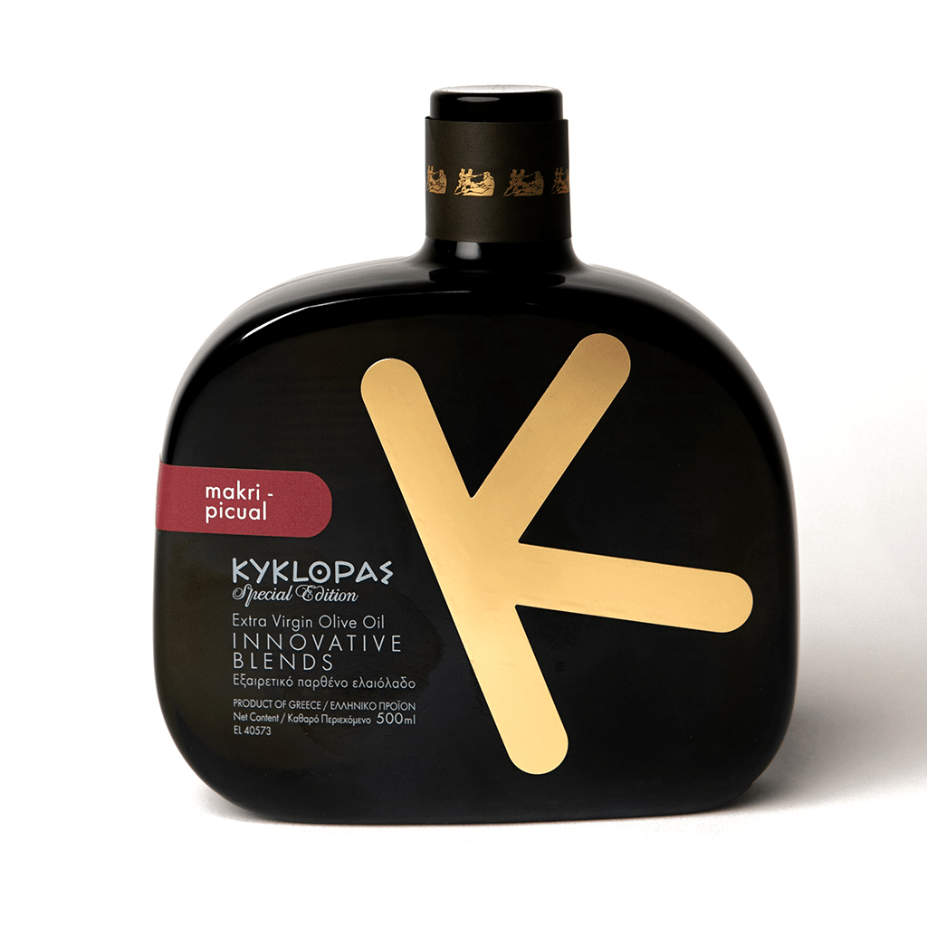 Schwarze, flache Flasche mit goldfarbenem „K“-Design und Aufschrift „KYKLOPAS Special Edition Extra Virgin Olive Oil Innovative Blends, Makri-Picual“